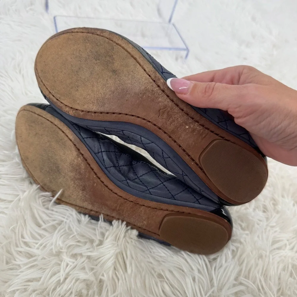 Tory Burch Bridgette Ballet Flats Slate Blue Quilted Patent Cap Toe Size 9M